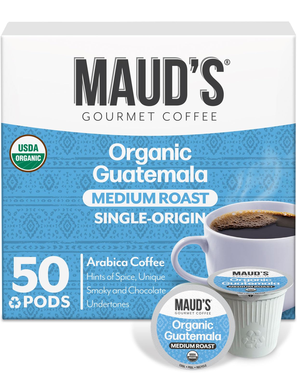 Maud's Organic Guatemalan Coffee Pods, 50 ct, Single Origin Guatemalan Medium Roast Coffee in Single Serve Pods - 100% Arabica Beans, Compatible