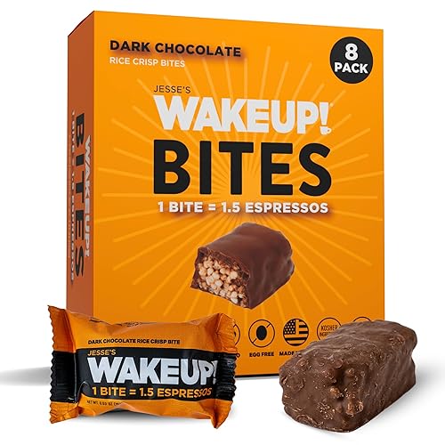 WAKEUP! Caffeinated Rice Crisp Energy Bites, Dark Chocolate, 8 Pack | 175mg Caffeine Per Bar = 1.5 Espressos | Vegan, Gluten-Free, Kosher | Coffee