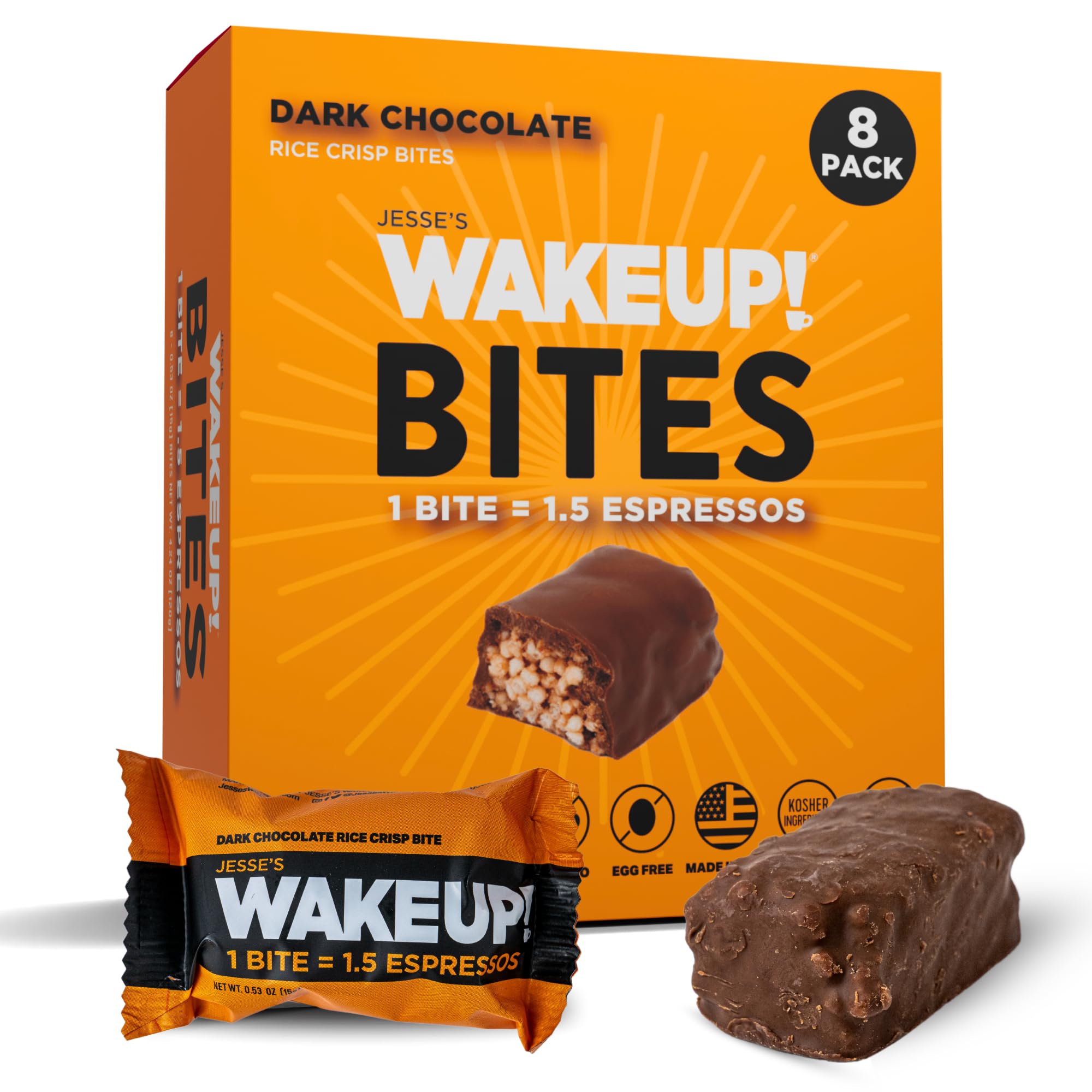 WAKEUP! Caffeinated Rice Crisp Energy Bites, Dark Chocolate, 8 Pack | 175mg Caffeine Per Bar = 1.5 Espressos | Vegan, Gluten-Free, Kosher | Coffee
