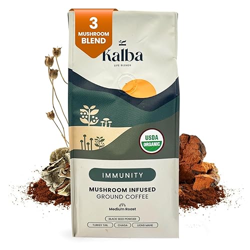 Organic Mushroom Coffee Ground with Lion’s Mane, Chaga, Turkey Tail & Nigella Seed Powder - Medium Roast Functional Wellness Coffee for Focus, Calm