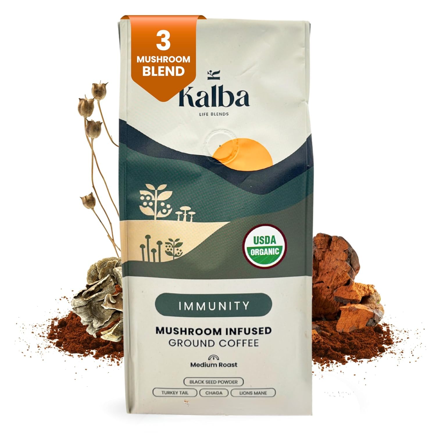 Organic Mushroom Coffee Ground with Lion’s Mane, Chaga, Turkey Tail & Nigella Seed Powder - Medium Roast Functional Wellness Coffee for Focus, Calm