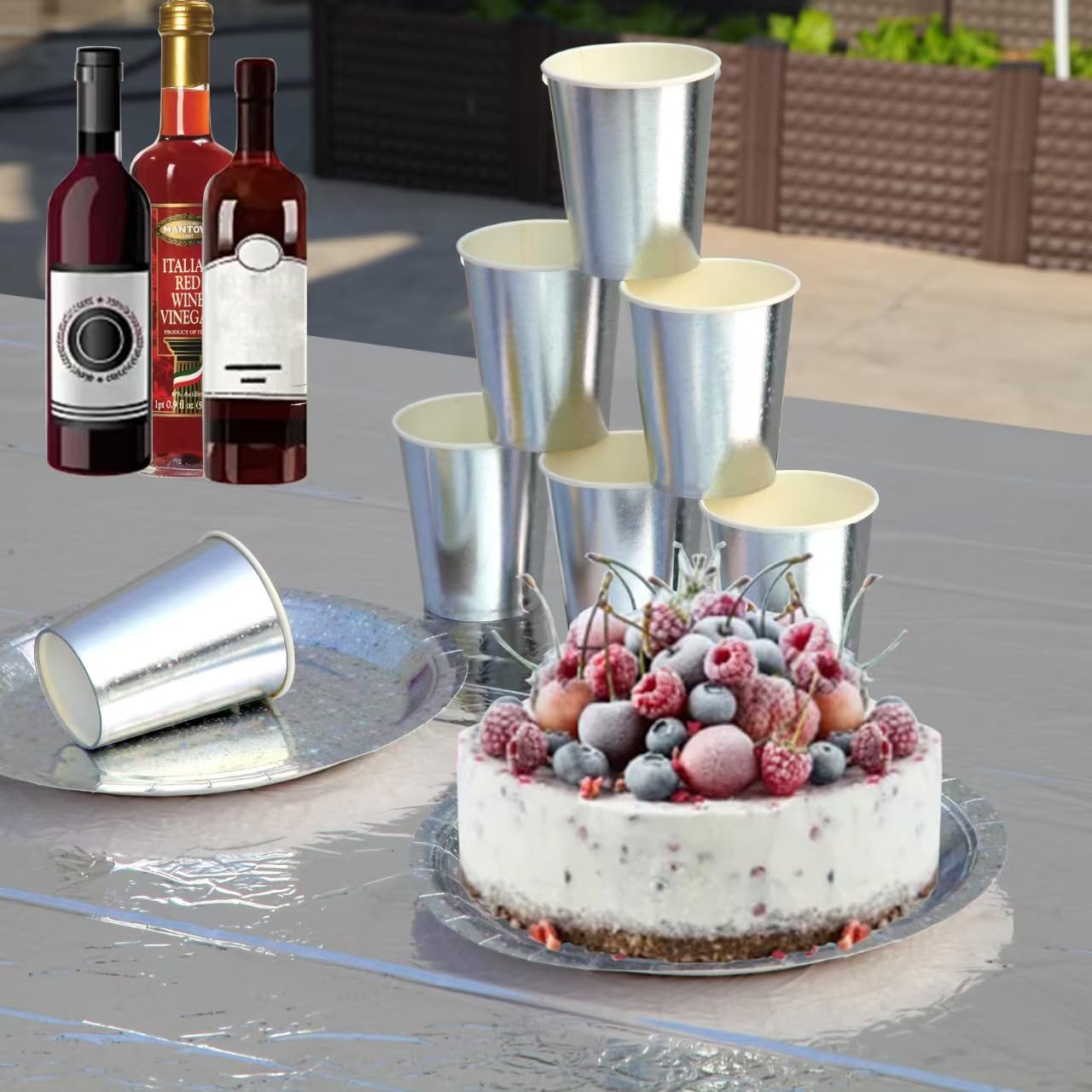 201-piece disposable party tableware set with paper plates, cups, napkins, straws, tablecloths, plastic knives, forks and spoons for a variety