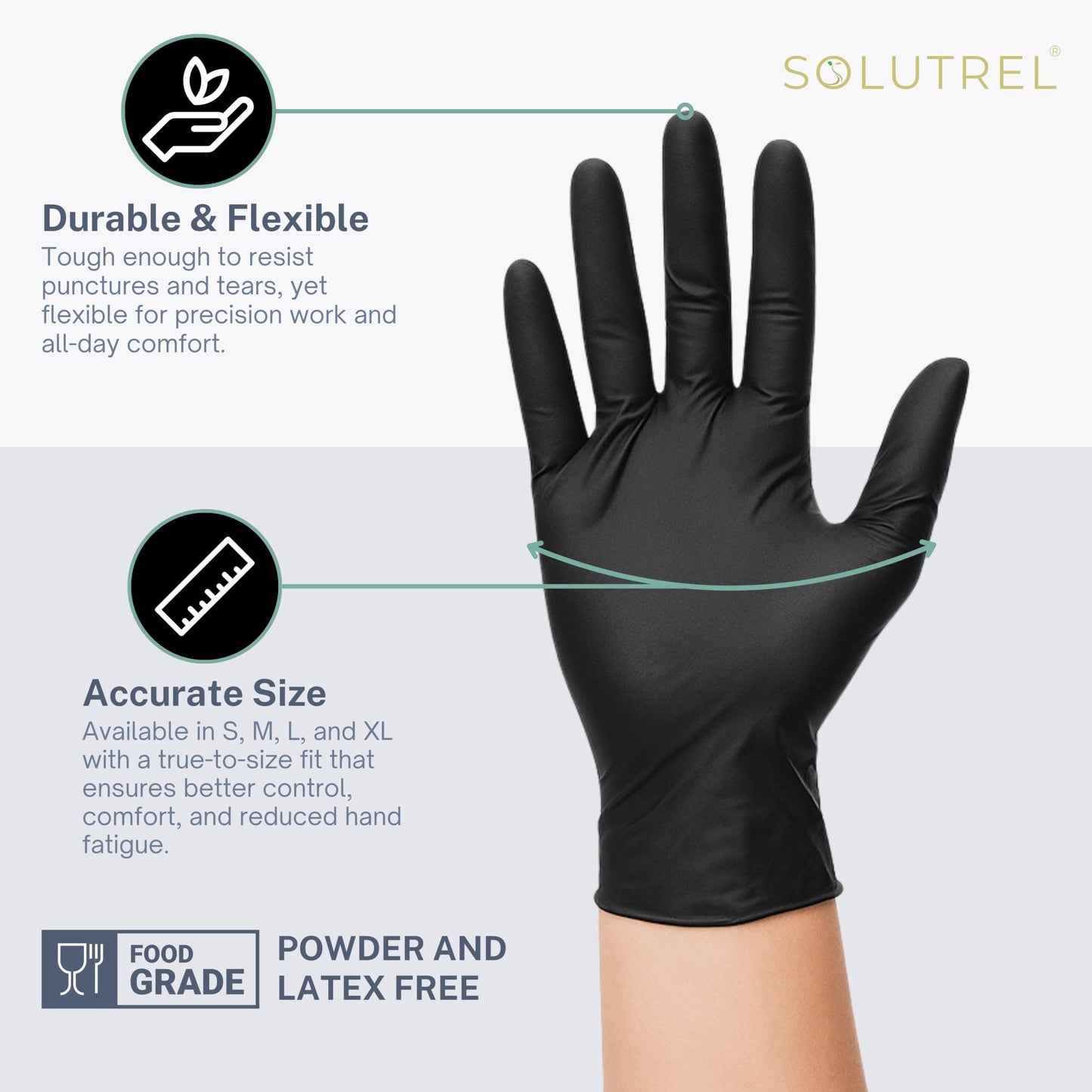 Solutrel Black Vinyl-Nitrile Disposable Gloves, 4.5mil - 100 Count, Latex & Powder-Free, For Salon, Cleaning, Food Prep, & More (100 Count per Box