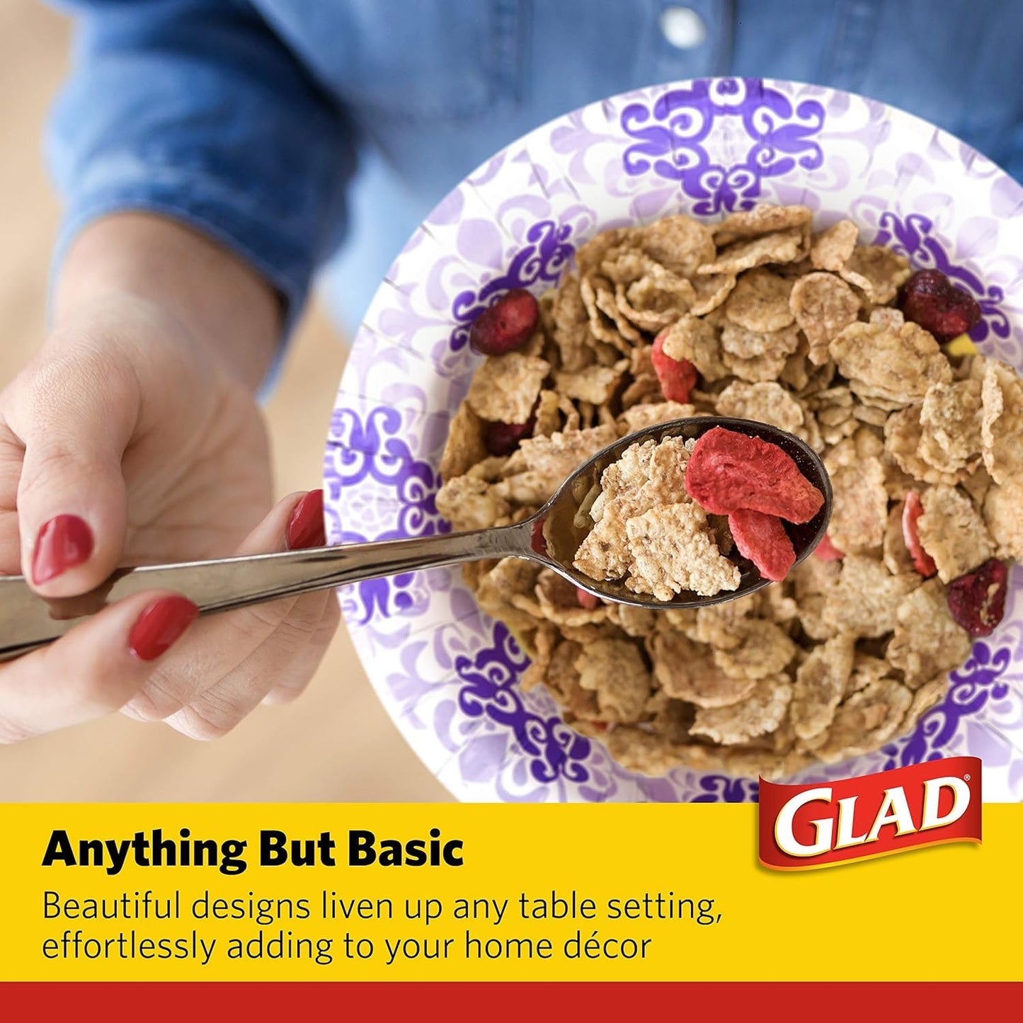 Glad Round Disposable Paper Bowls, Purple Victorian Design - Heavy Duty, Soak-Proof, Cut-Resistant, Microwavable Paper Bowls for All Foods and Daily