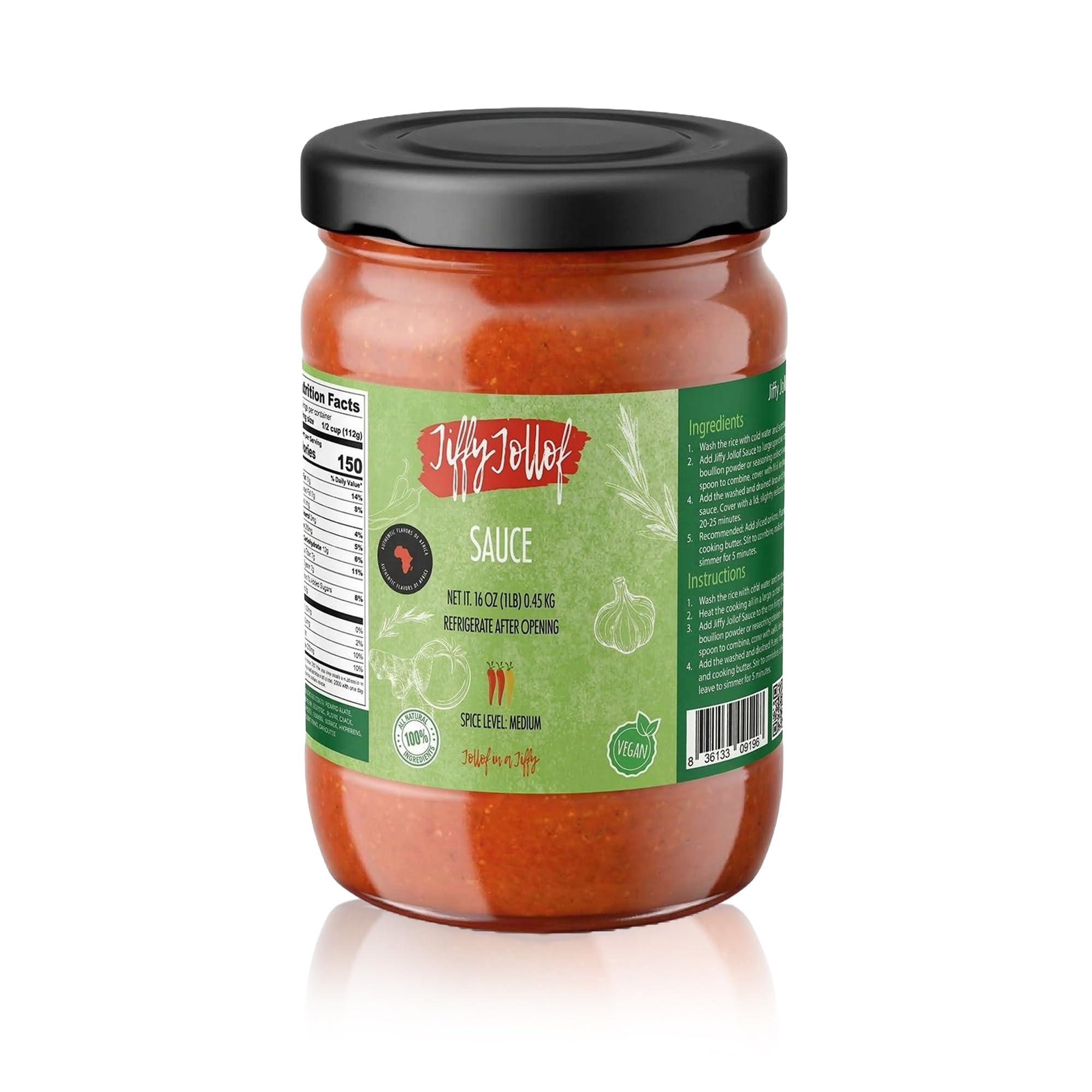 Jiffy Jollof Vegan Sauce, Authentic Nigerian Tomato Pepper Blend for One-Pot Meals, Spicy Pasta, Roasted Bell Pepper Stew, Hot Cooking Sauce, 16oz