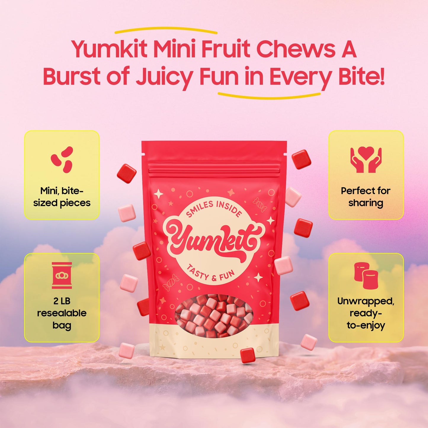 Fruit Chews Candy 2 lbs | Assorted Flavor Strawberry, Fruit Punch, Watermelon & Cherry | Unwrapped Pink Candy in Bulk | Big Bag of Mini Candies |
