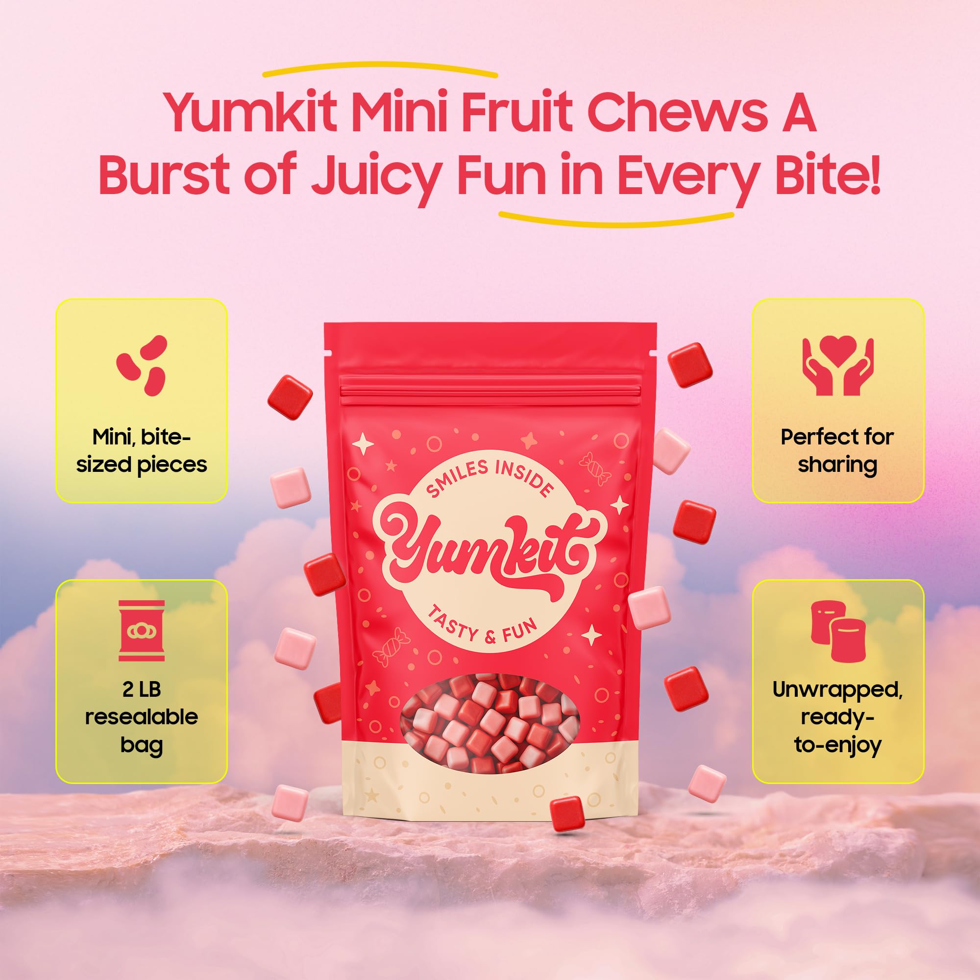 Fruit Chews Candy 2 lbs | Assorted Flavor Strawberry, Fruit Punch, Watermelon & Cherry | Unwrapped Pink Candy in Bulk | Big Bag of Mini Candies |