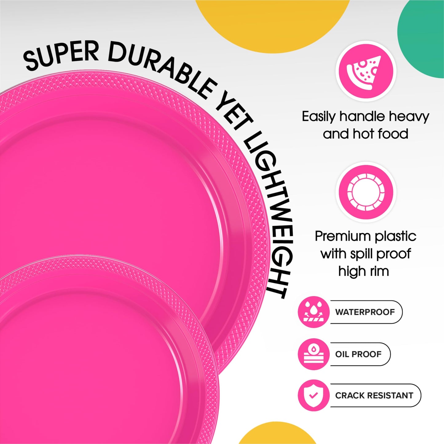 Exquisite Party Solids Hot Pink Plates Disposable Hot Pink Plastic Plates 100 Pieces - 50-7" & 50-9" Heavy Duty 350 GSM Disposable Dinnerware Sets