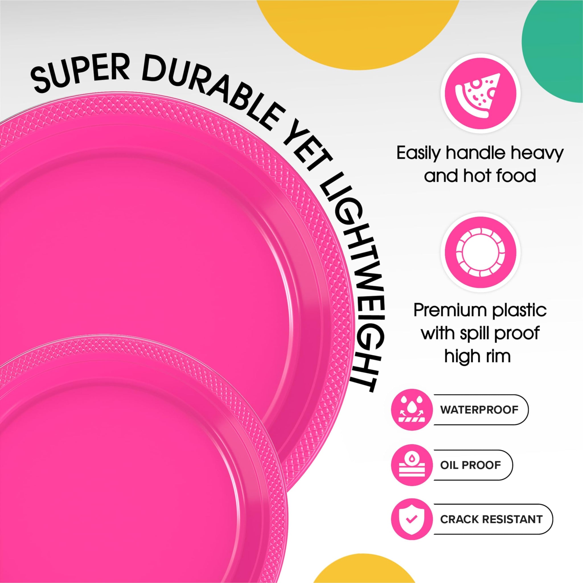 Exquisite Party Solids Hot Pink Plates Disposable Hot Pink Plastic Plates 100 Pieces - 50-7" & 50-9" Heavy Duty 350 GSM Disposable Dinnerware Sets