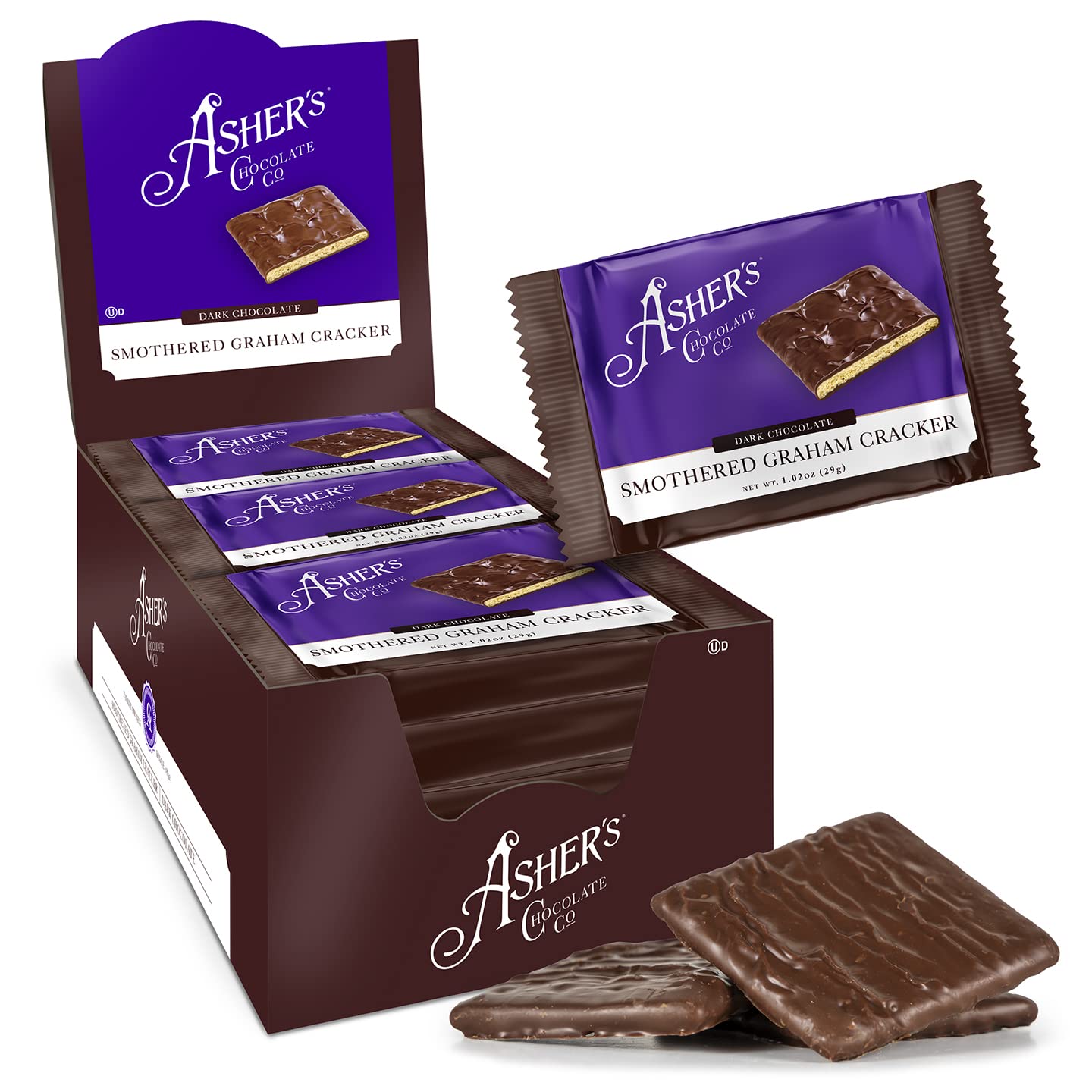 Asher's Chocolates, Chocolate Covered Grahams, Gourmet Sweet and Salty Candy, Individually Wrapped Snack, Family Owned Since 1892 (Dark Chocolate, 18