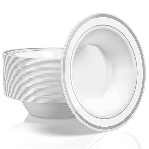 Stock Your Home Plastic Party Bowls (50 Pack) 12 Oz Elegant Disposable Dinnerware - Fancy Shatterproof Tableware for Catering, Holidays, Parties