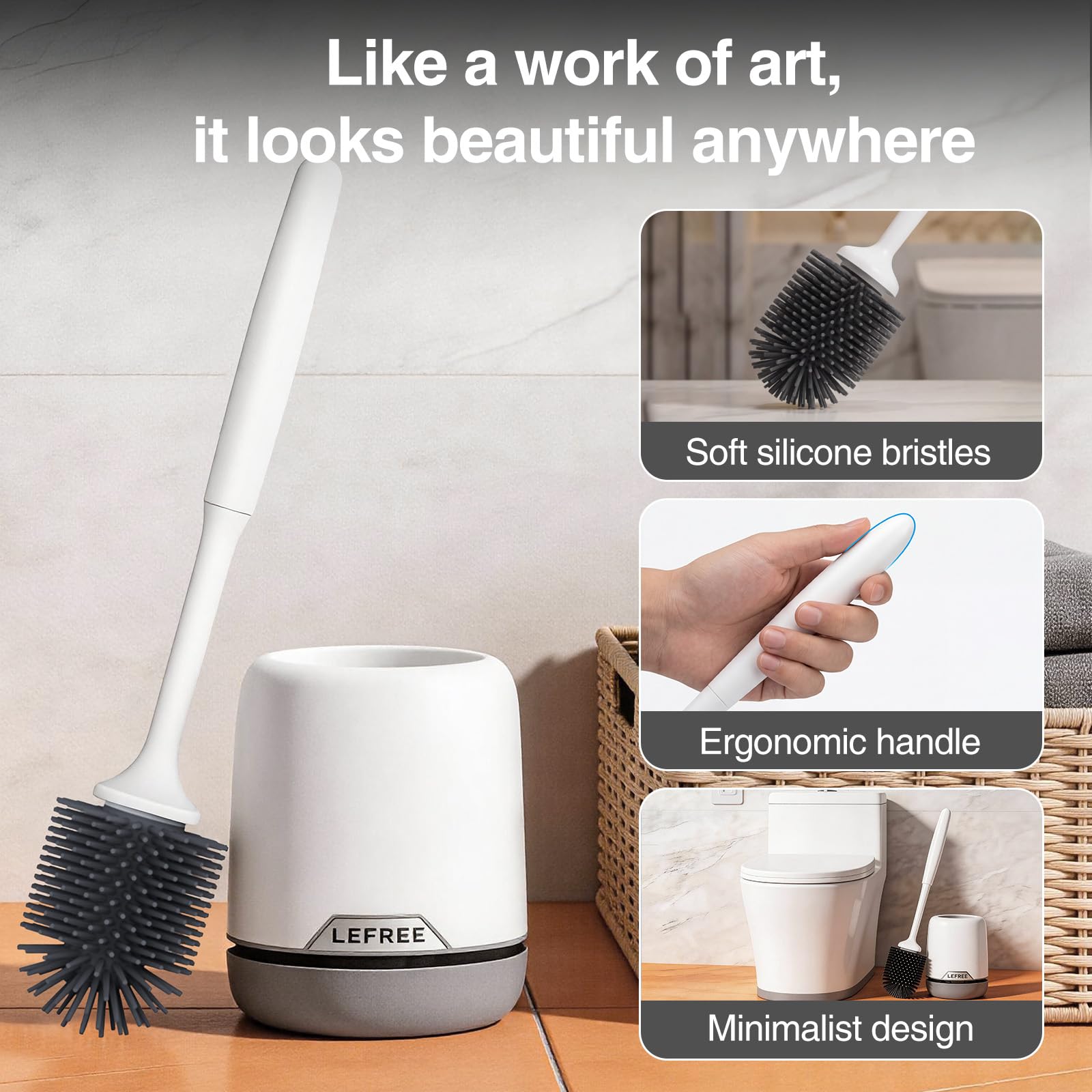 Lefree Silicone Toilet Brush and Holder, Bathroom Cleaner Brush Set, Non-Slip Handle Toilet Bowl Brush with TPR Soft Bristle, Wall Mounted/Floor