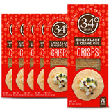 34 Degrees Chili Flake & Olive Oil Crisps | Light & Crunchy Thin Crackers for Charcuterie, Cheese Boards & Entertaining, Six Pack (4.5oz each)
