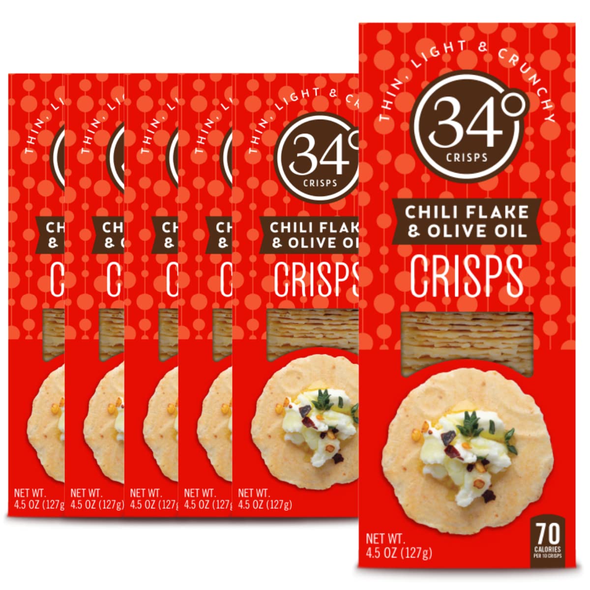 34 Degrees Chili Flake & Olive Oil Crisps | Light & Crunchy Thin Crackers for Charcuterie, Cheese Boards & Entertaining, Six Pack (4.5oz each)