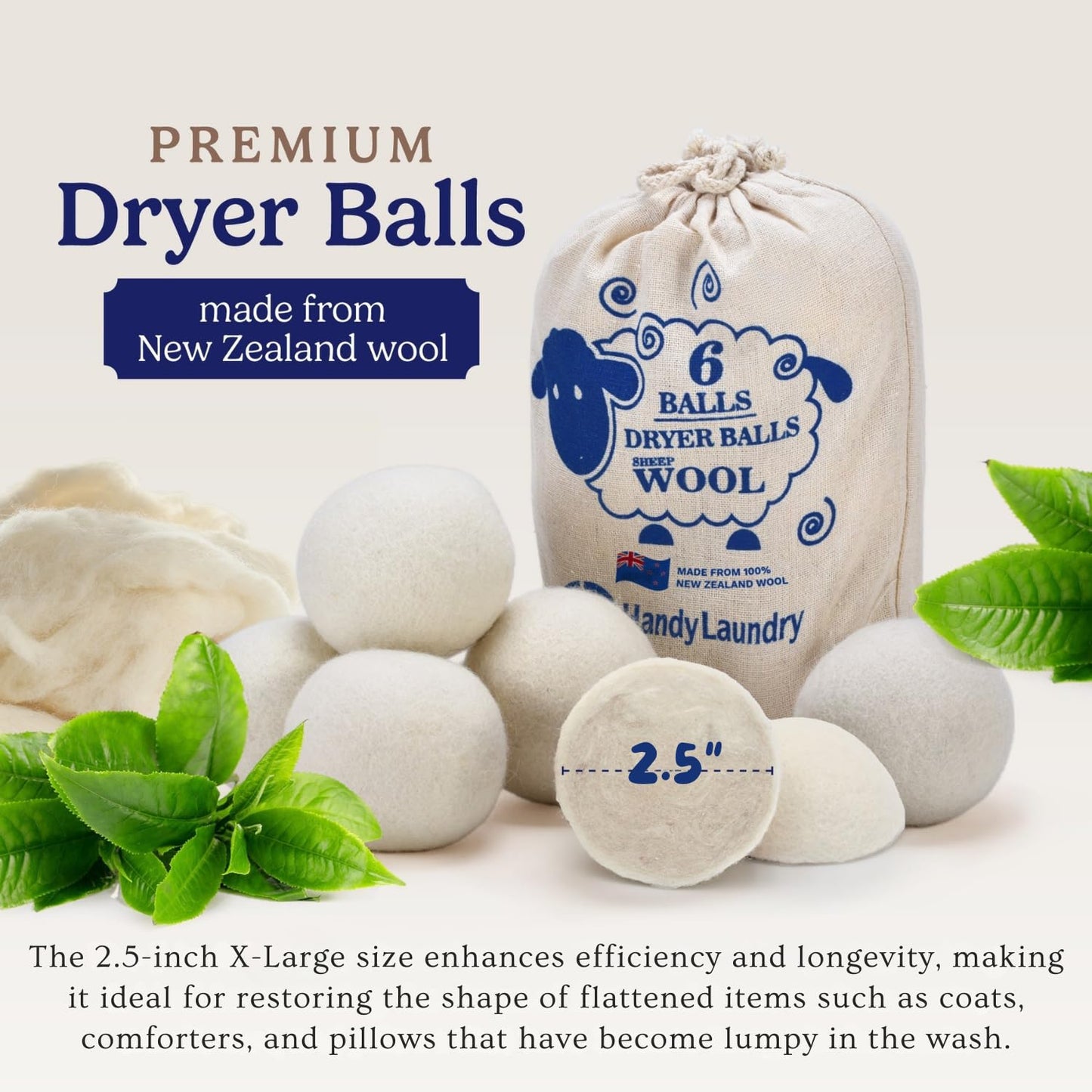 Handy Laundry Wool Dryer Balls - 2.5 Inch - Natural Fabric Softener, Reusable, Reduces Clothing Wrinkles and Saves Drying Time, Better Alternative
