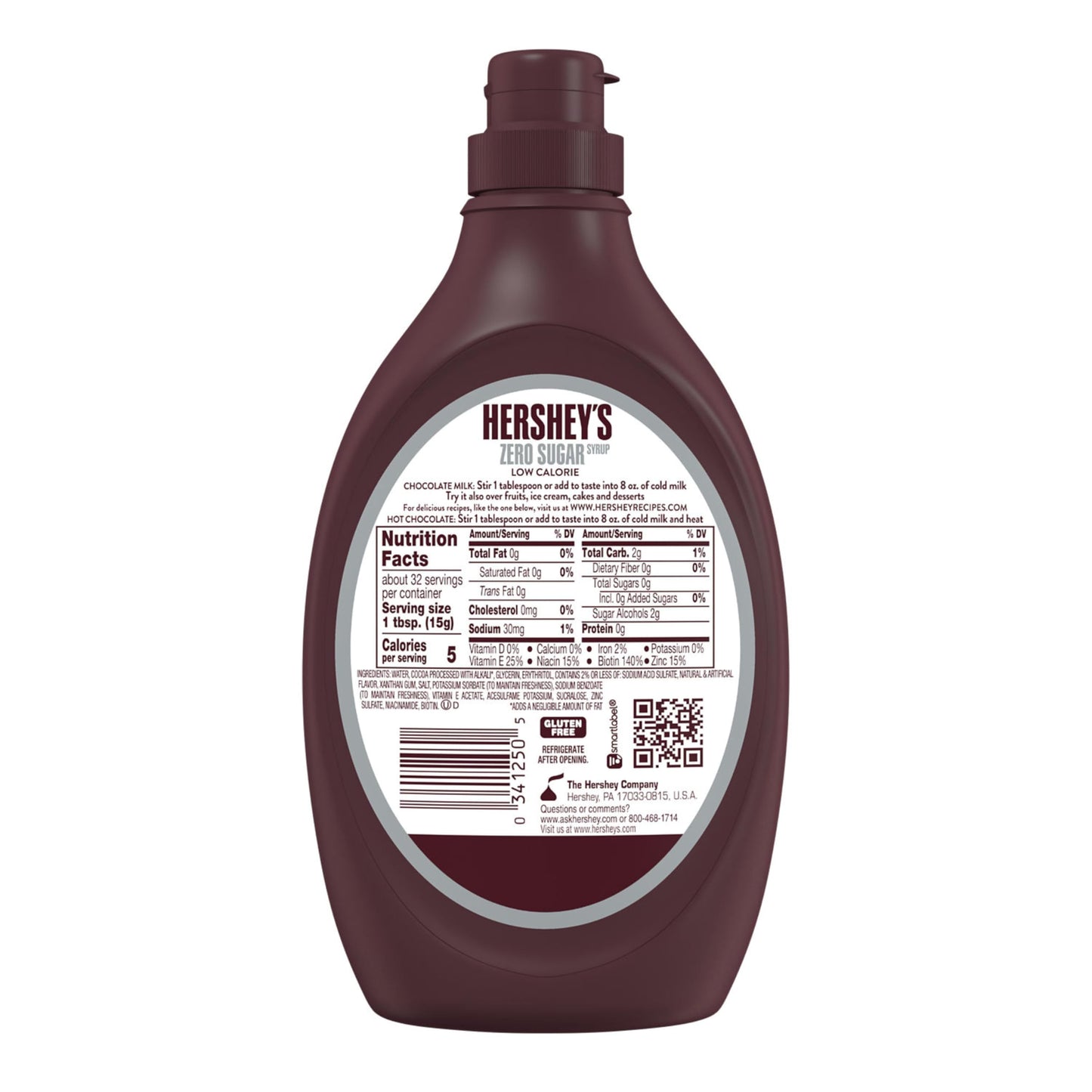 HERSHEY'S Zero Sugar Chocolate Syrup Bottle, 17.5 oz