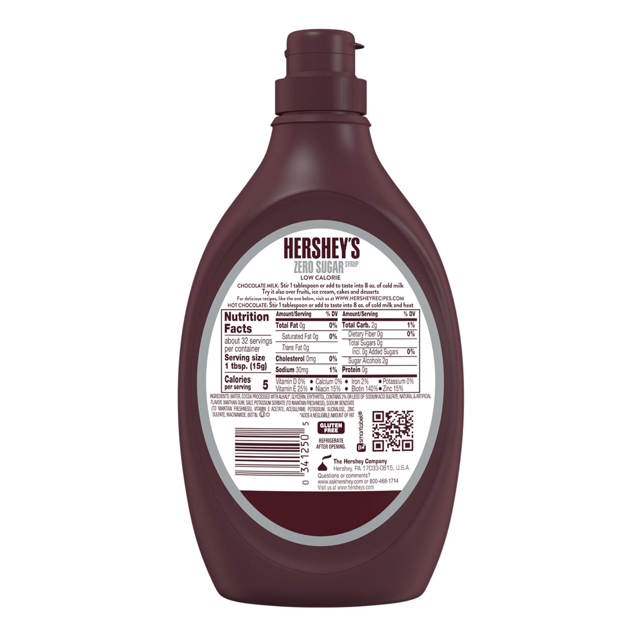 HERSHEY'S Zero Sugar Chocolate Syrup Bottle, 17.5 oz