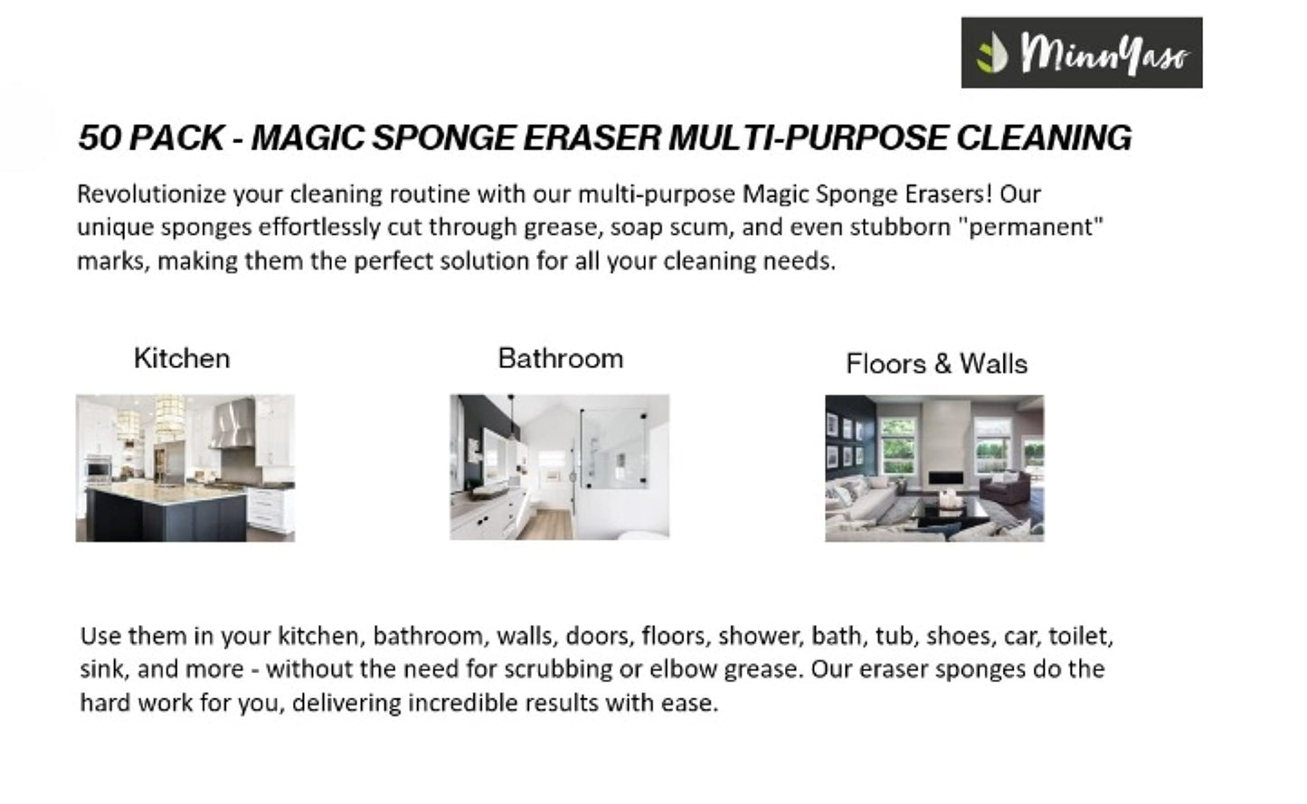 MinnYaso Magic Sponge Cleaning Eraser 3.94" x 2.36" x 0.79" | Multi-Purpose Household Cleaning | Magic Sponge Cleaning Eraser for Kitchen, Bathroom