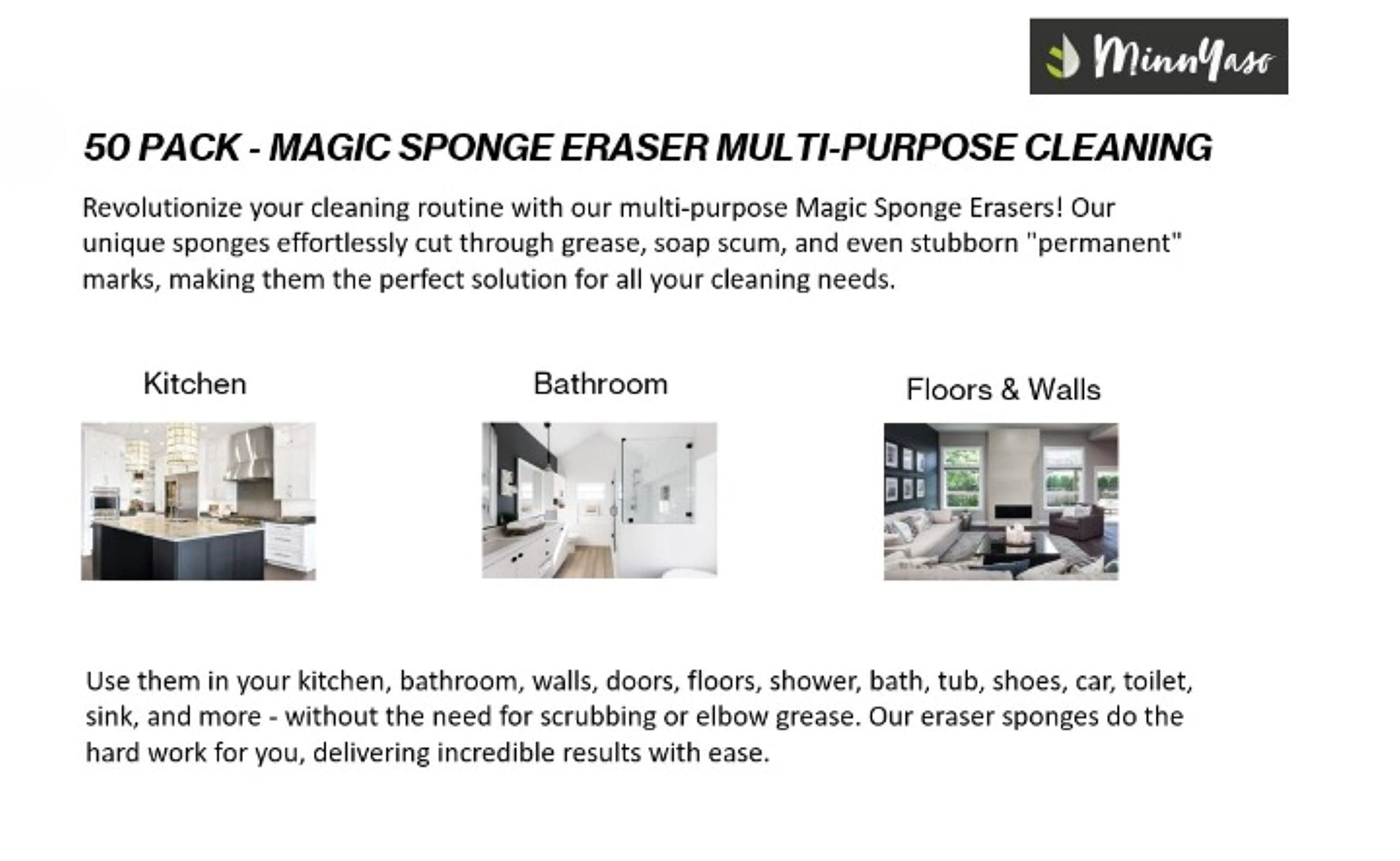 MinnYaso Magic Sponge Cleaning Eraser 3.94" x 2.36" x 0.79" | Multi-Purpose Household Cleaning | Magic Sponge Cleaning Eraser for Kitchen, Bathroom