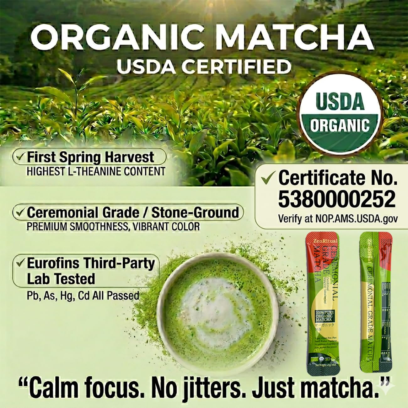 ZenRitual Organic Matcha Sticks, 20 Single Serve Packets, Ceremonial Grade Matcha Powder, USDA Organic, Unsweetened, for Lattes, Travel, Work & On the