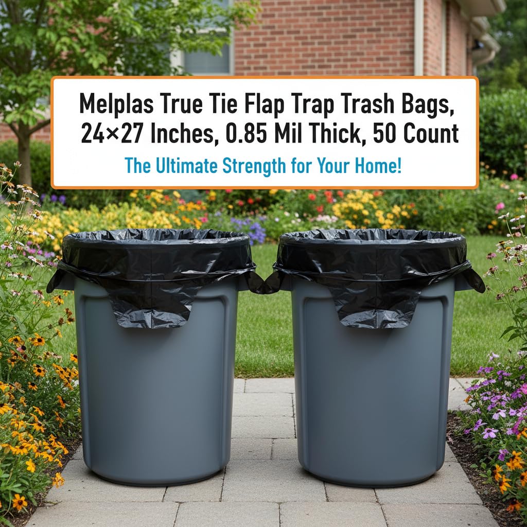 Melplas True Tie Flap (S-Cut) Trash Bags, 24×27 Inches, 0.85 Mil Thick, 50 Count - Flat Seal Bottom, 17 Gallon Capacity