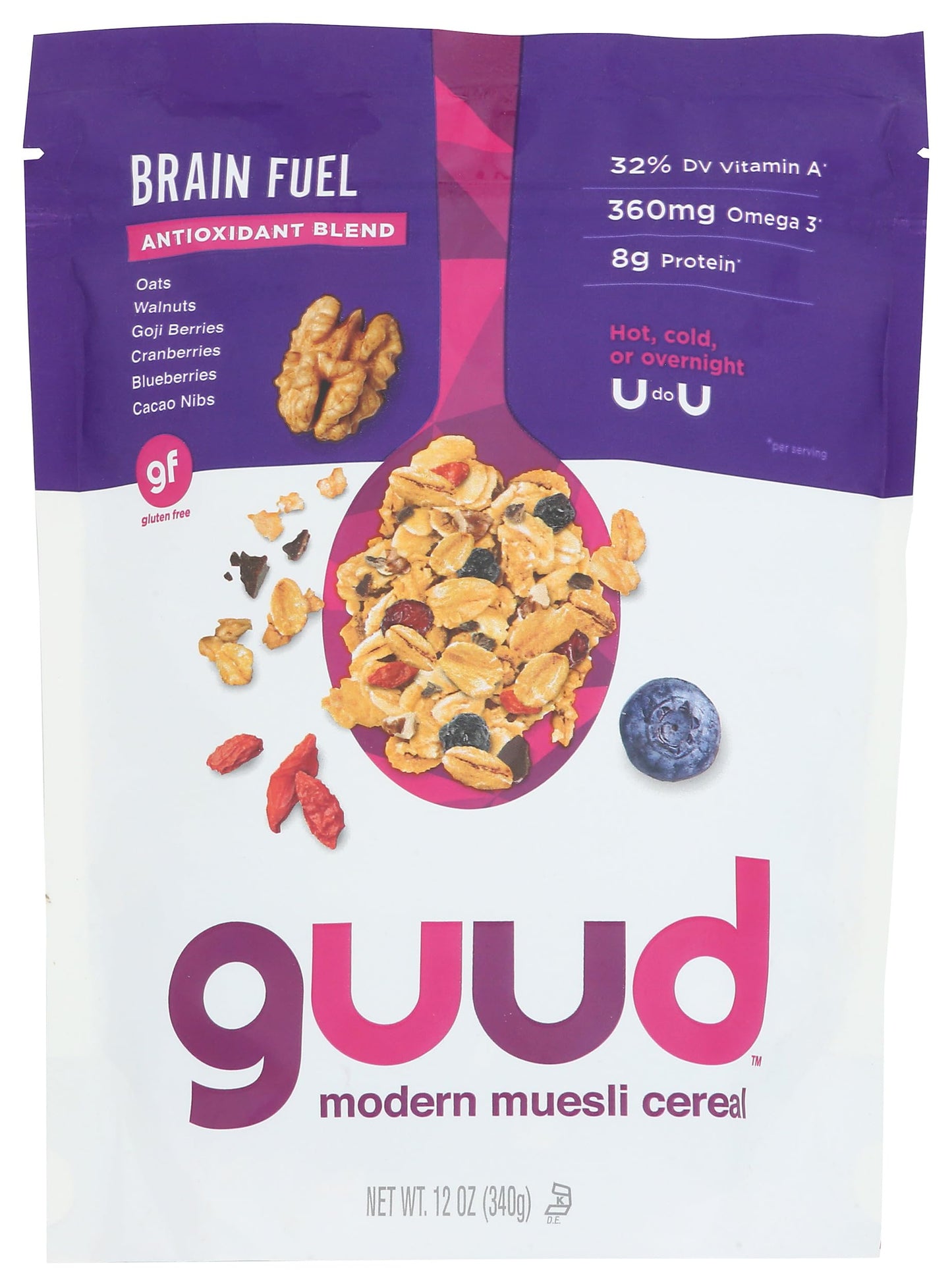 GUUD Brain Fuel Antioxidant Blend Gluten Free Muesli Cereal, 12 Ounce, Versatile Oatmeal Alternative, Oats, Walnuts, Goji Berries, Cranberries