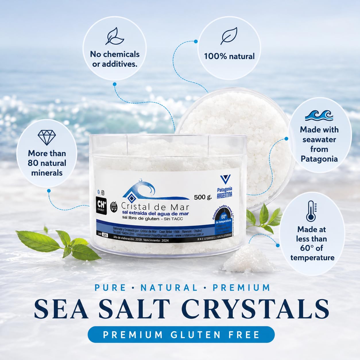 Sea Salt Crystals 500g - Premium Artisan Sea Salt from Patagonia - Mineral Rich Gourmet Salt - Unrefined - No Additives - 100% Natural