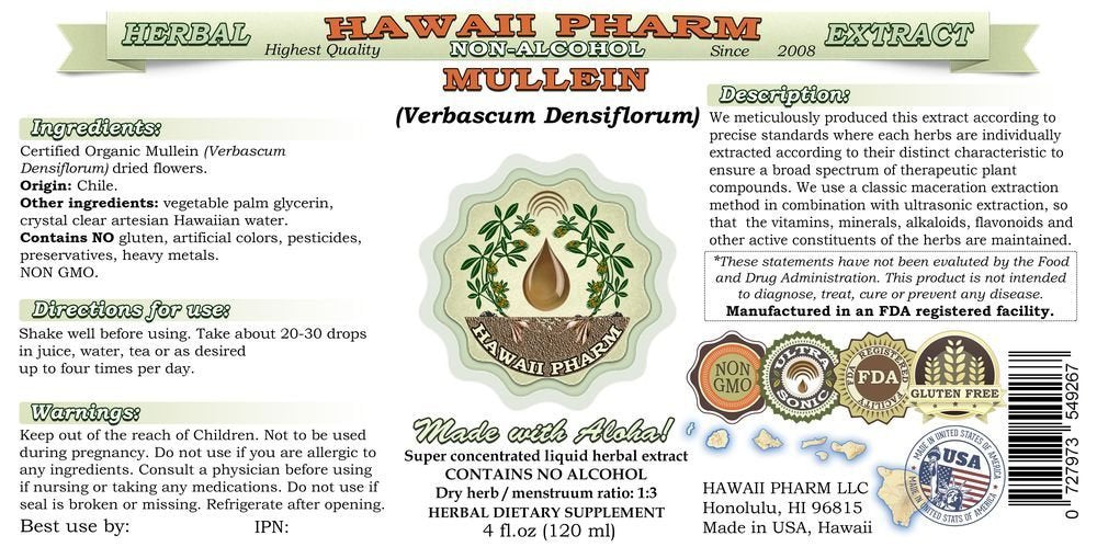 Hawaii Pharm Mullein Alcohol-Free Liquid Extract, Professional Grade, Small Batch Crafted Mullein (Verbascum densiflorum) Dried Flower Glycerite