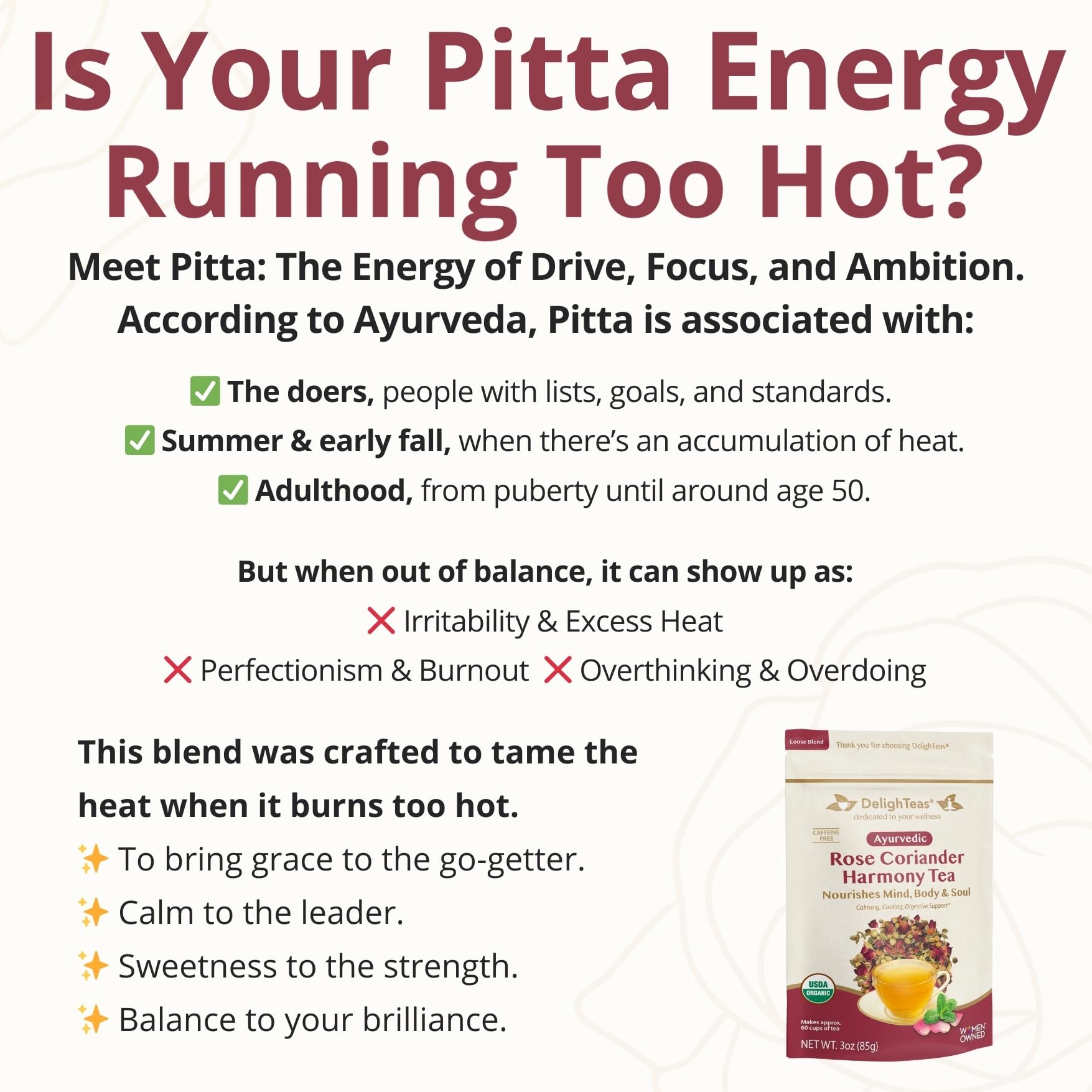 DelighTeas Organic Rose Coriander Harmony Tea | Ayurvedic Loose Leaf Herbal Tea | 60 Servings, 3oz. | Caffeine-free, Sugar-free, Non-GMO, Keto, Vegan