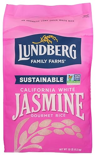 Lundberg Family Farms - White Jasmine Rice, Premium Long Grain Bulk Rice, Non-Sticky Texture, California-Grown, Light, Buttery Flavor, Pleasant Aroma, Gluten-Free, Non-GMO, Vegan, Kosher (10lb)