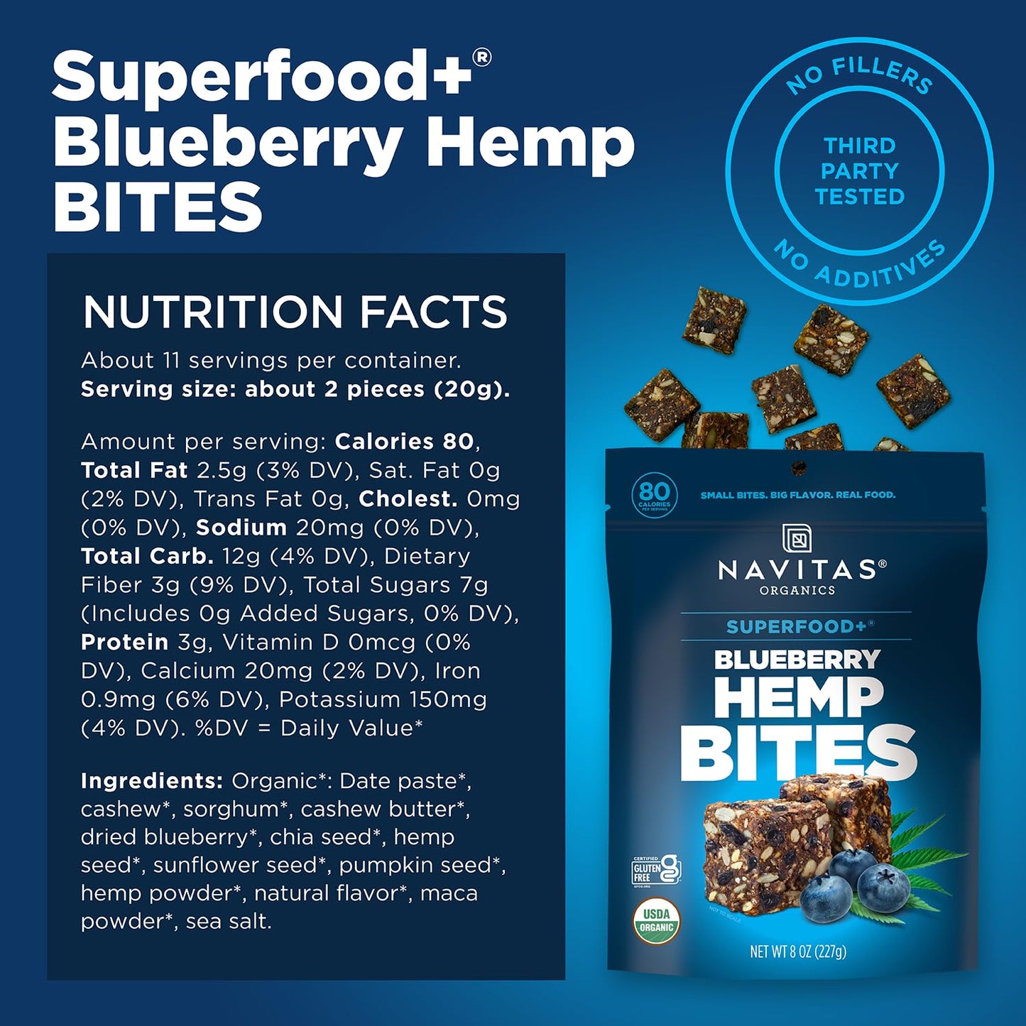 Navitas Organics Superfood Power Snacks, Blueberry Hemp, 8oz. Bag, 11 Servings - Organic, Non-GMO, Gluten-Free