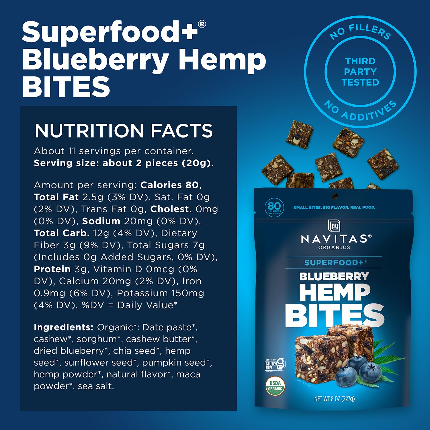 Navitas Organics Superfood Power Snacks, Blueberry Hemp, 8oz. Bag, 11 Servings - Organic, Non-GMO, Gluten-Free