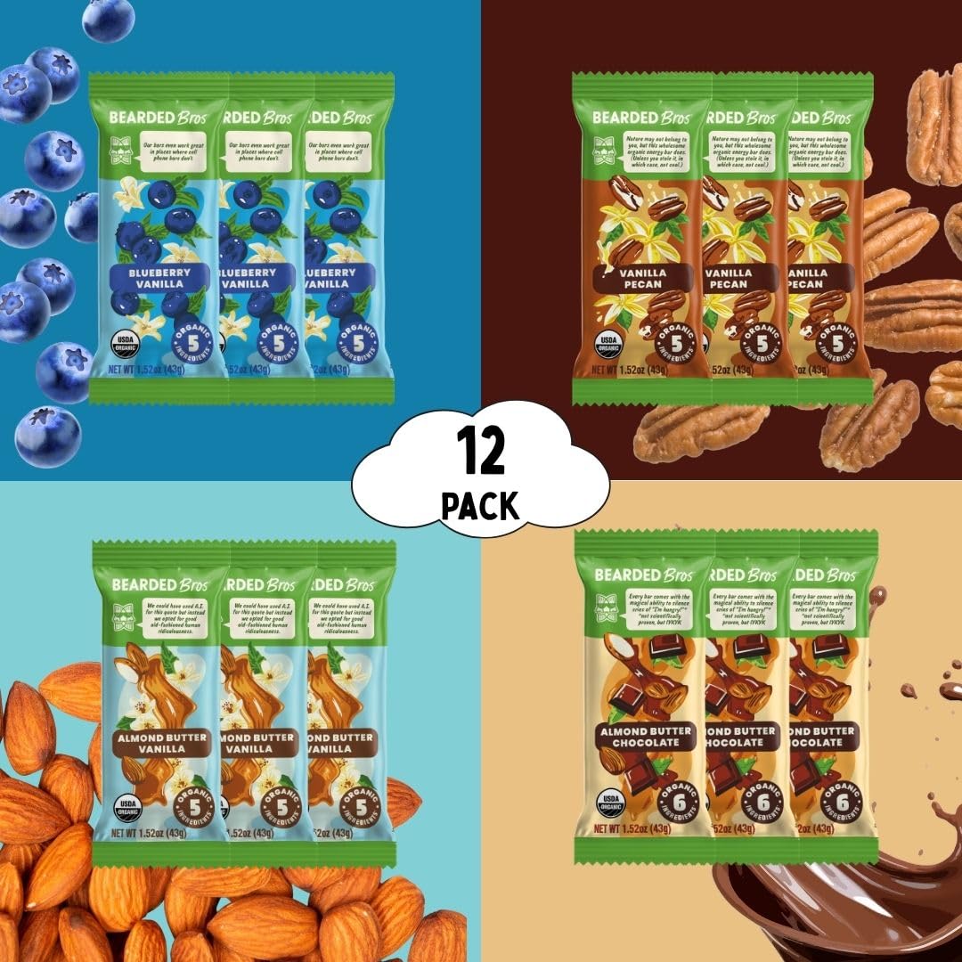Bearded Brothers Organic Vegan Energy Bars - Gluten & Soy Free, Paleo, Whole 30 | Non GMO, Low Glycemic, High Protein, Fiber (12 Count (Pack of 1)