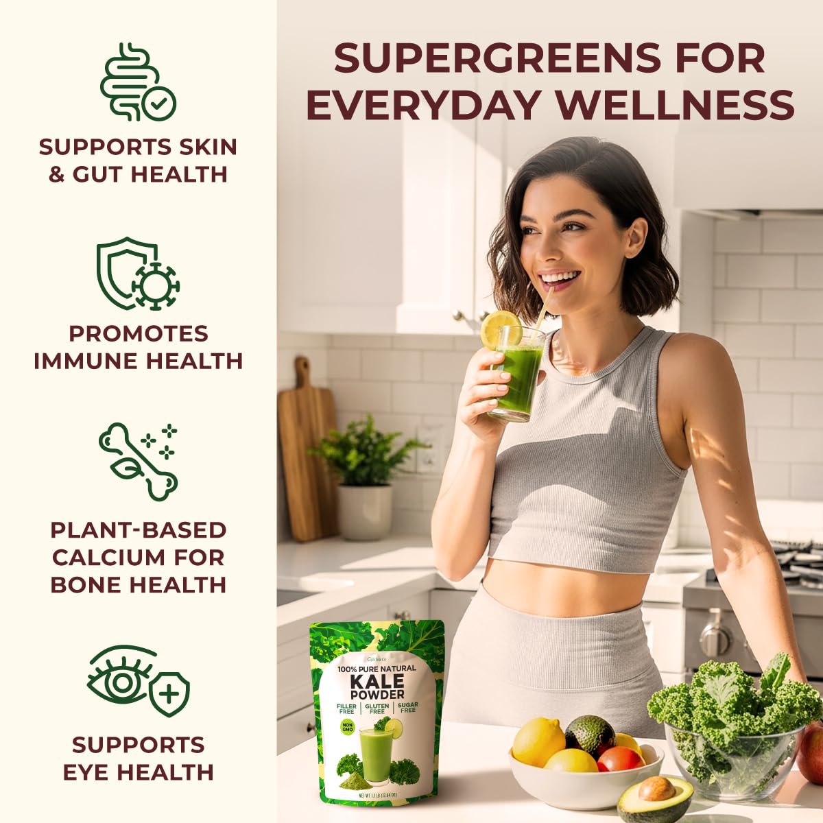 Gya Tea Co Kale Powder 1.1 lb (17.64 oz) 83 Servings, Dried Whole Leaf Kale Powder, Greens Superfood for Smoothies, Teas & Green Drink Mix - Non-GMO