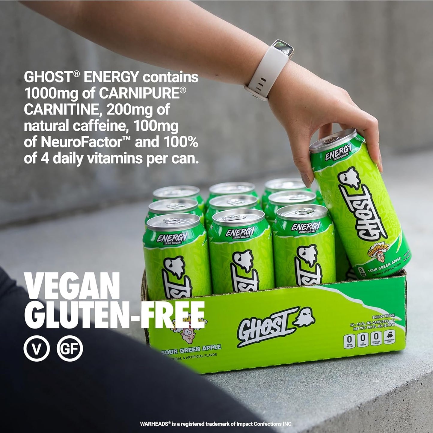 GHOST Energy Drink - 12-Pack, Warheads Sour Green Apple, 16oz - Energy & Focus & No Artificial Colors - 200mg of Natural Caffeine, L-Carnitine
