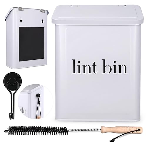 The Moda Collection Magnetic Laundry Lint Bin for Dryer | Wall-Mounted Small Trash Can for Laundry Room | Includes Magnetic Hook & Lint Brush |