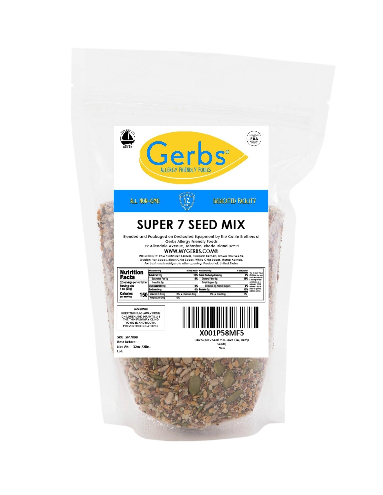 Gerbs Super 7 Seed Snack Mix 2 lbs. | Raw, No Artificial Additives, Resealable Bag | Crunchy Pumpkin, Sunflower, Brown & Golden Flax, Black & White