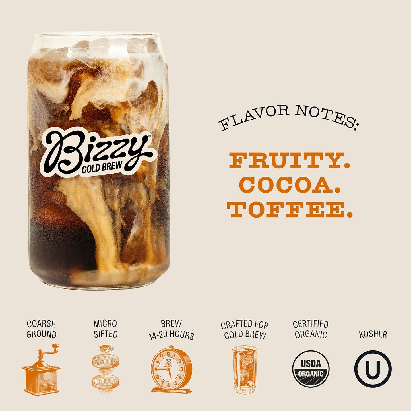 Bizzy Organic Cold Brew Coffee | Breakfast Blend | Coarse Ground Coffee | Medium-Light Roast | Micro Sifted | Specialty Grade | 100% Arabica | Brew