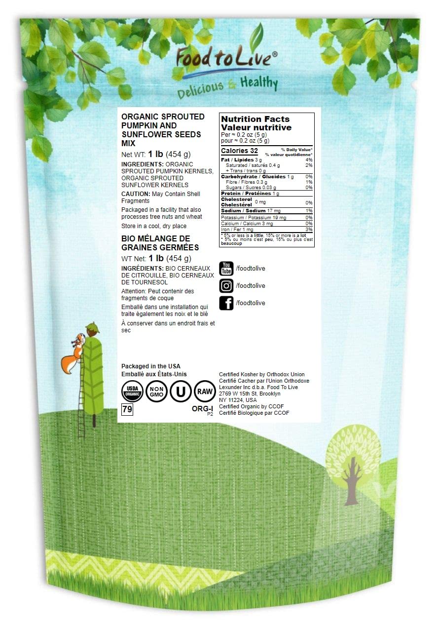 Food to Live Organic Sprouted Seeds Mix, 1 Pound - Raw & Non-GMO Snack Mix Contains Sprouted Pumpkin and Sunflower Seeds, Vegan Superfood, Kosher