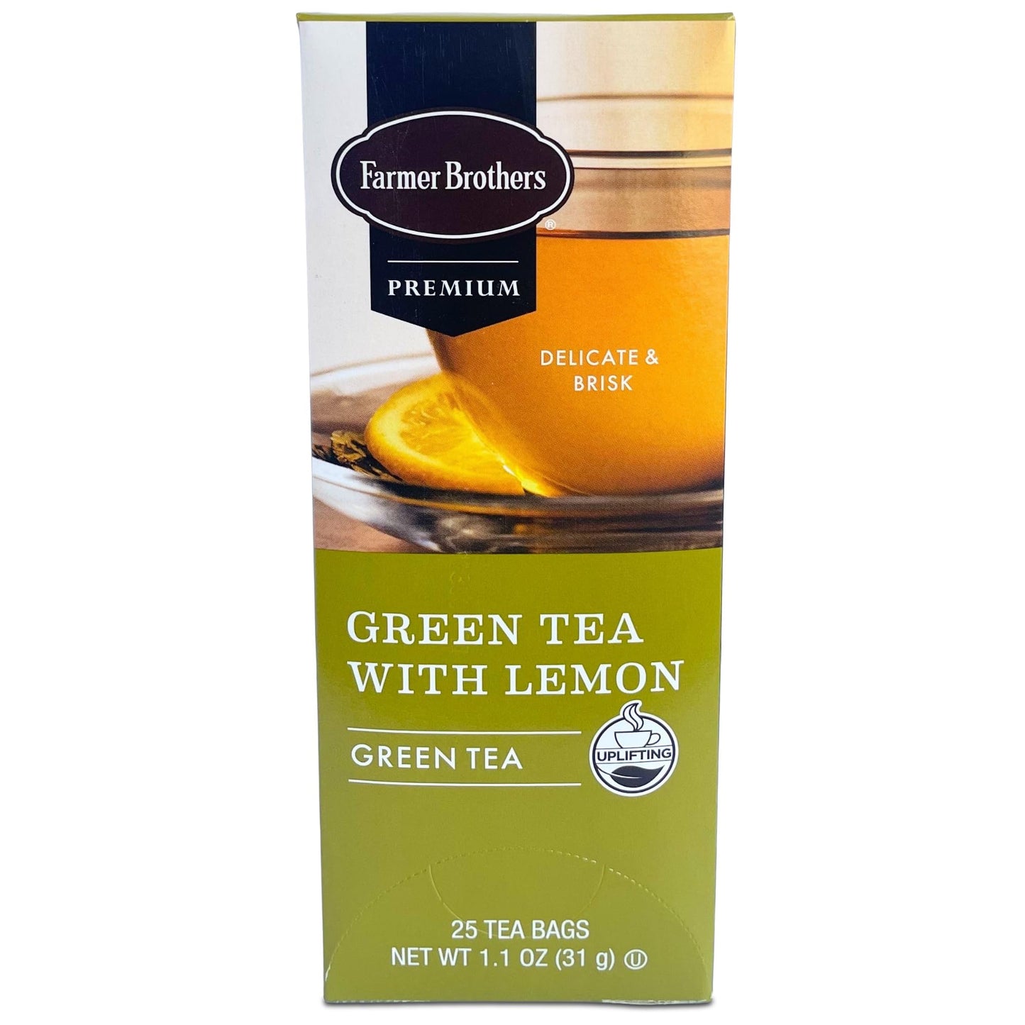 Farmer Brothers Premium Green Tea with Lemon, 25 Individually Wrapped Tea Bags - All-Natural, Gluten-Free, Kosher Certified, Refreshing Citrus Blend