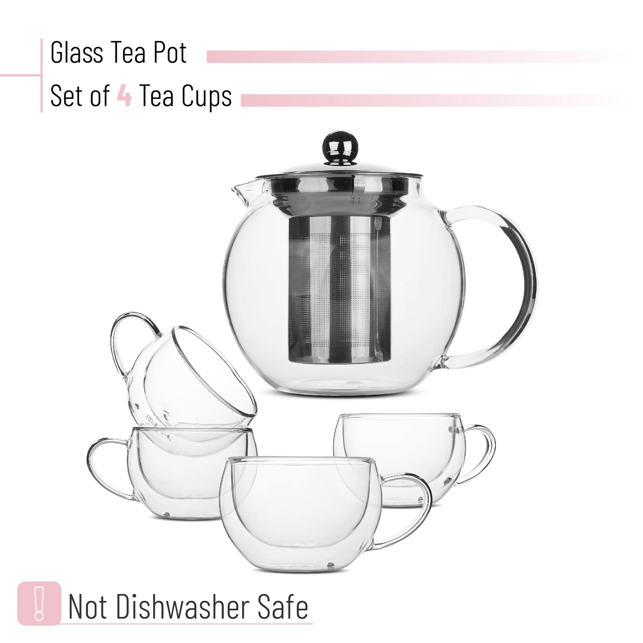 BTaT- Glass Tea Pot Set, Set of 4, Double Wall Glass Tea Cup and Kettle with Infuser