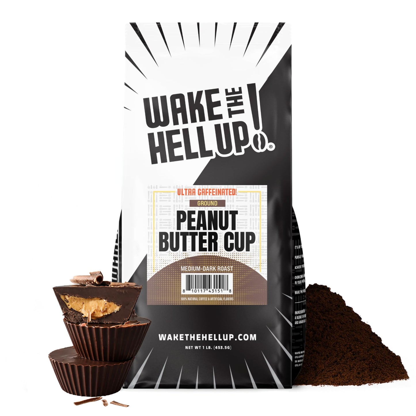 Wake The Hell Up! 1lb Ultra-Caffeinated Peanut Butter Cup Ground Coffee, Low Acid, Medium-Dark Roast