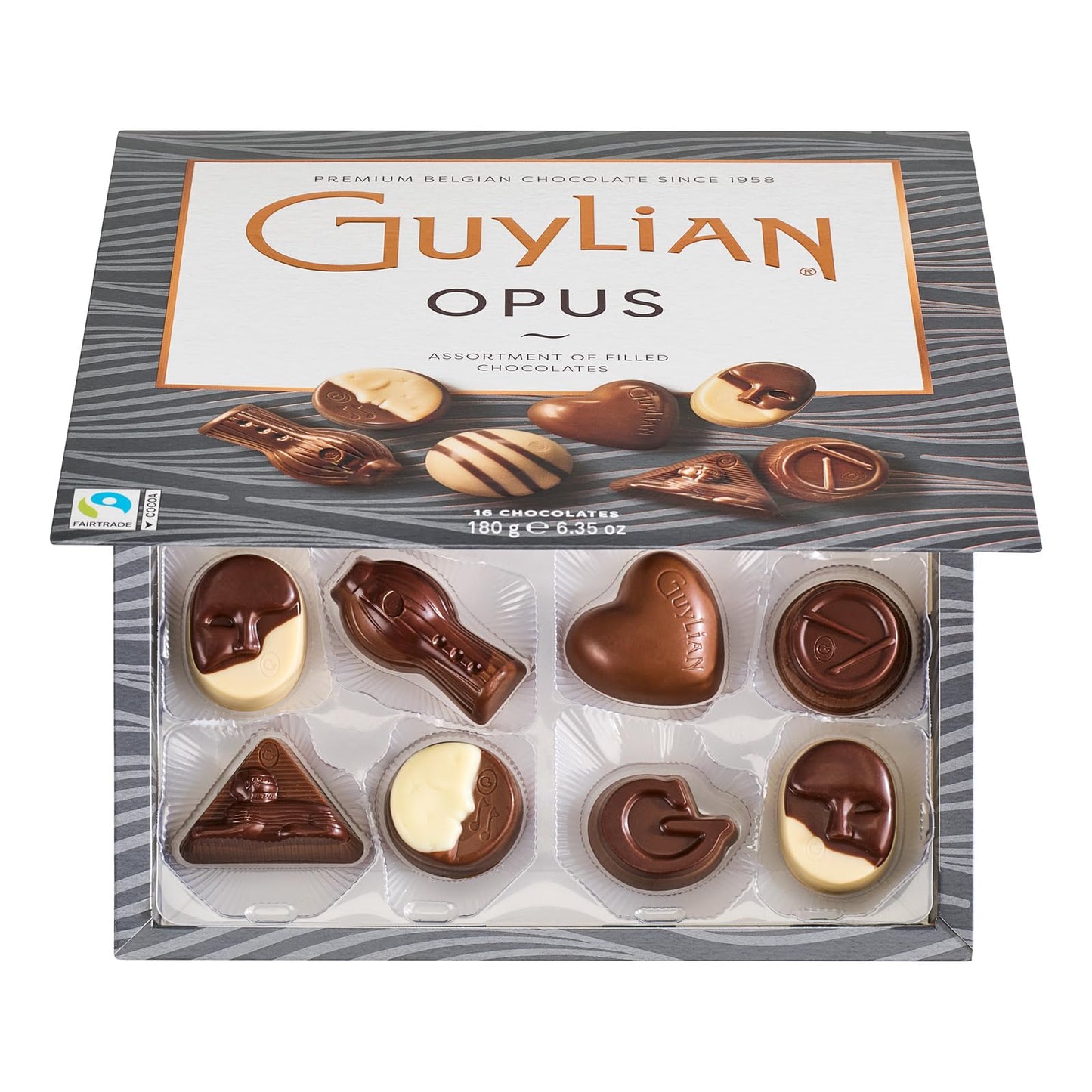 Belgian Chocolate Gift Box by GuyLian, 6.35 oz, 16 pc Opus Luxury Assortment, Premium Gourmet Chocolate, Milk, White & Dark Candy Treat for Women