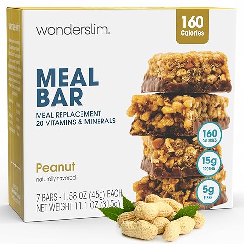 WonderSlim Meal Replacement Protein Bar, Peanut, 15g Protein, 20 Vitamins & Minerals, Gluten Free (7ct)