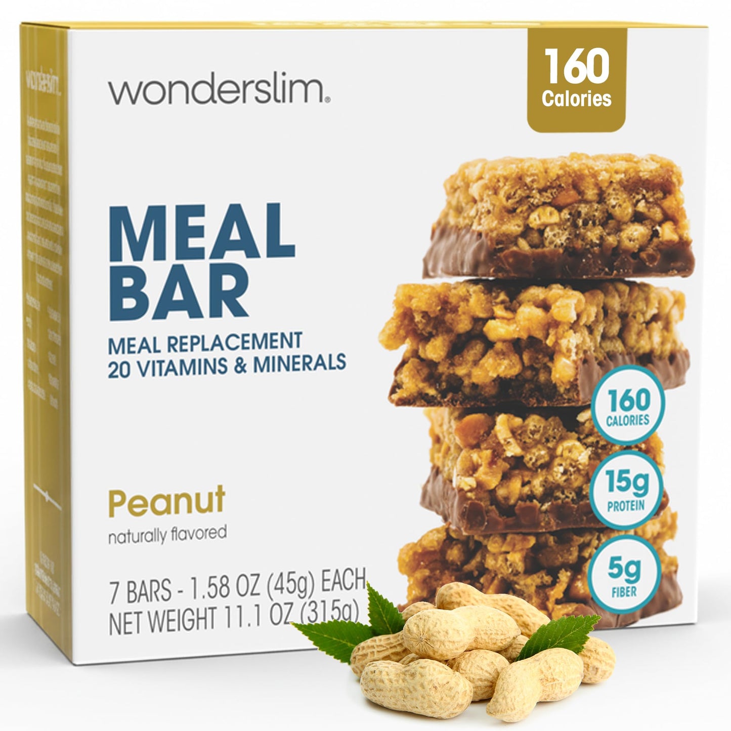 WonderSlim Meal Replacement Protein Bar, Peanut, 15g Protein, 20 Vitamins & Minerals, Gluten Free (7ct)