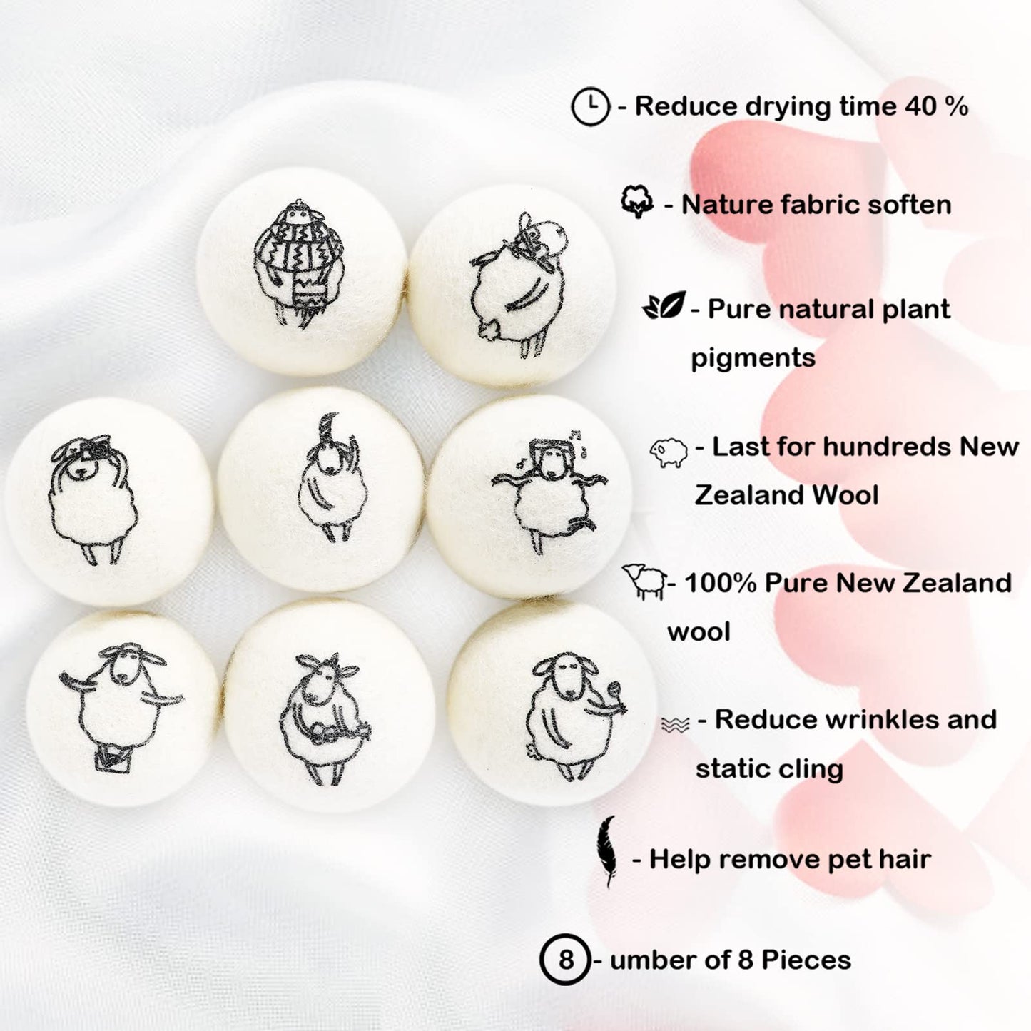 Wool Dryer Balls, 8PCS Dryer Balls with Happy Sheep - Natural & Organic, 100% New Zealand Wool Handmade, Chemical-Free Reusable Laundry Balls