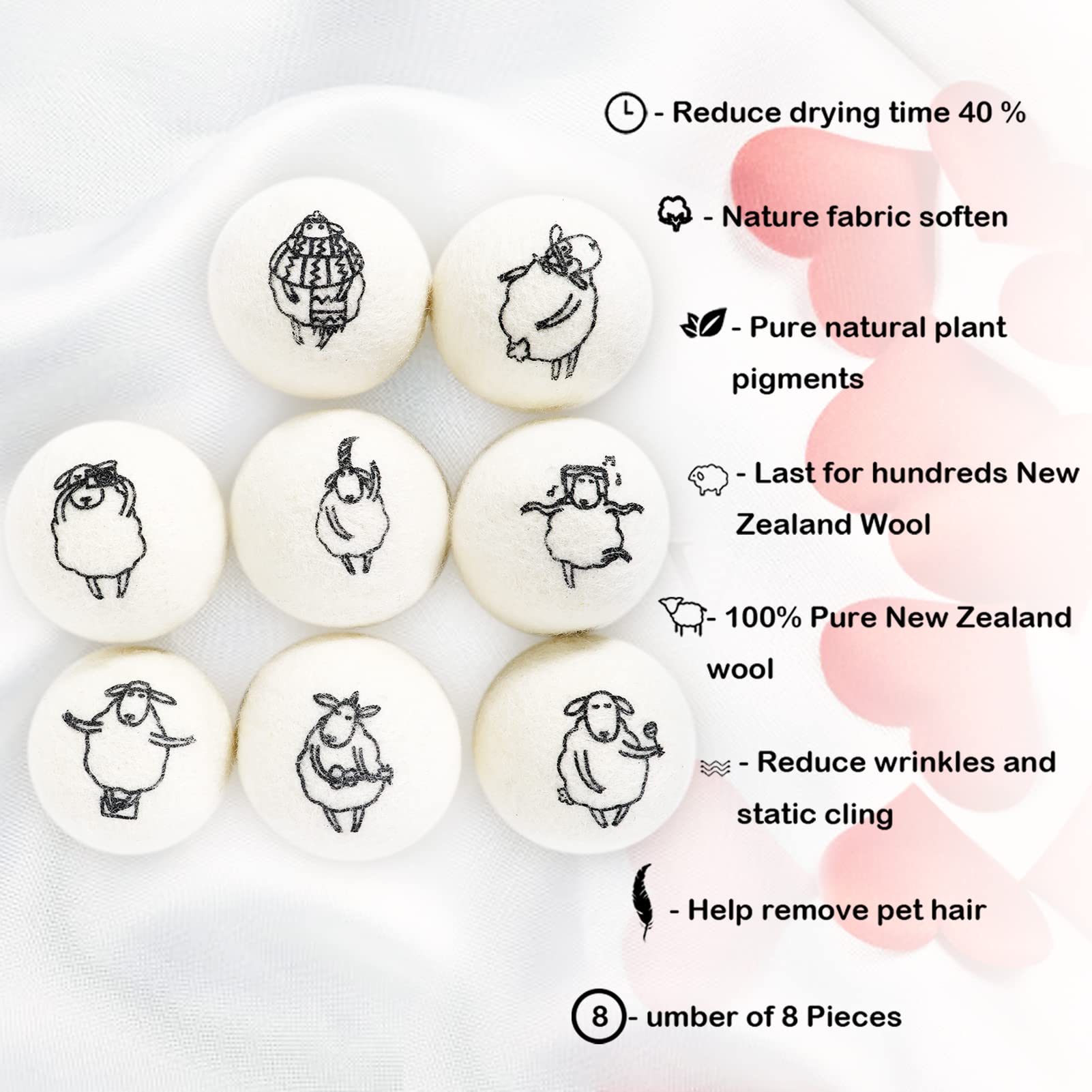 Wool Dryer Balls, 8PCS Dryer Balls with Happy Sheep - Natural & Organic, 100% New Zealand Wool Handmade, Chemical-Free Reusable Laundry Balls