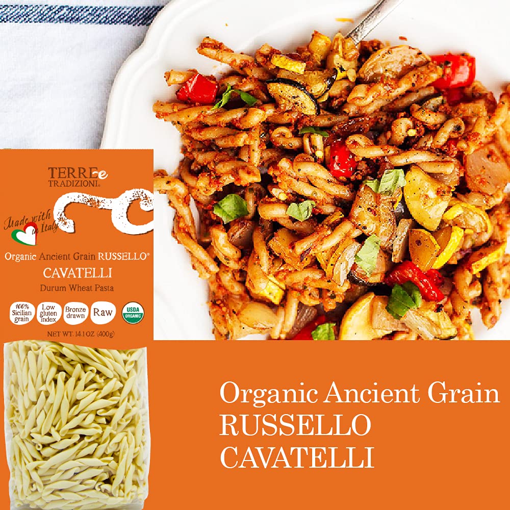 3 PACKS ORGANIC ITALIAN DURUM WHEAT CAVATELLI PASTA - Sicilian Ancient Grain Russello Vegan Crafted in Italy. LOW-GLUTEN INDEX. Has 6X More Fiber