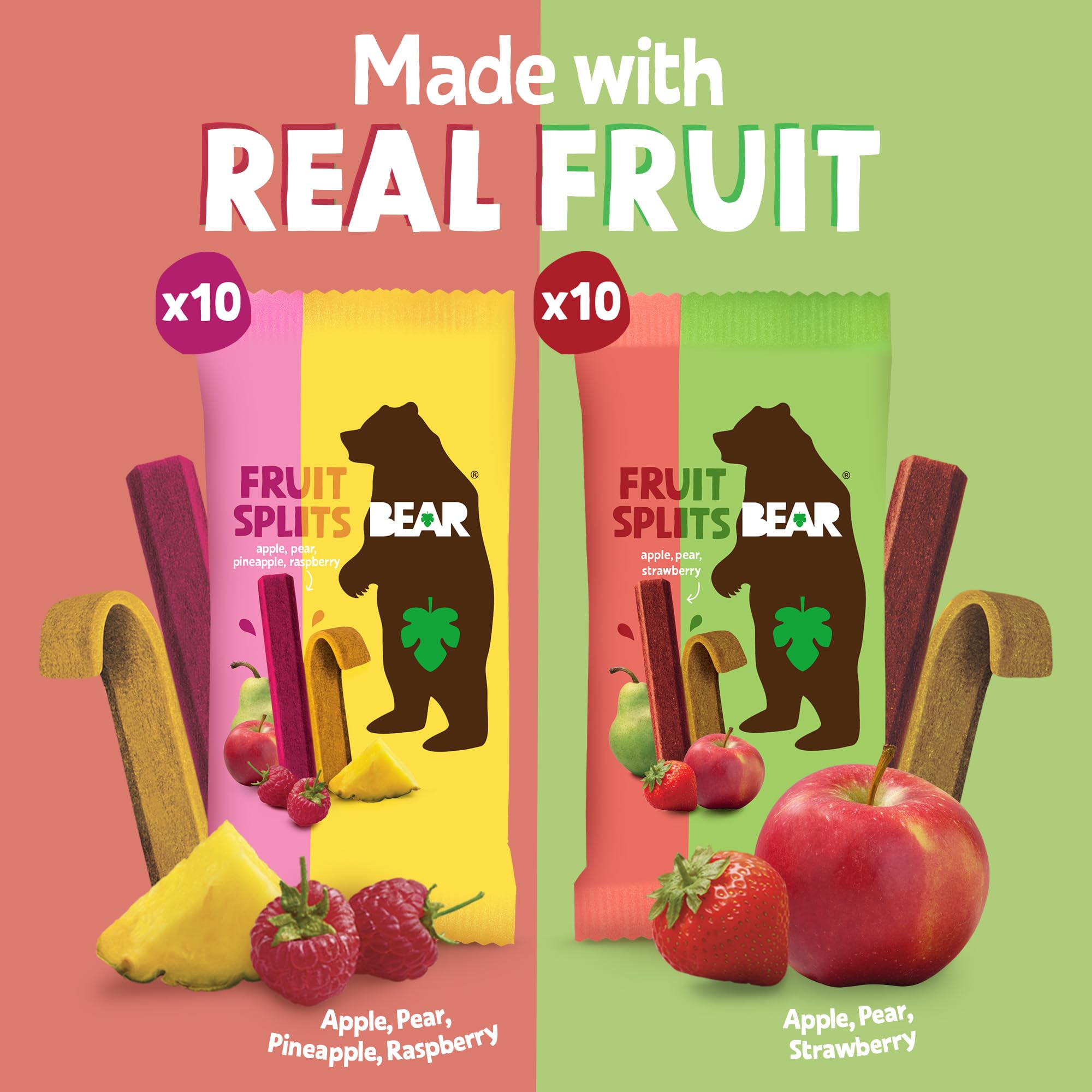 BEAR Real Fruit Snack Splits - Gluten Free, Vegan, and Non-GMO - Variety Pack (Apple/Strawberry, Raspberry/Pineapple)- Healthy School And Lunch Snacks