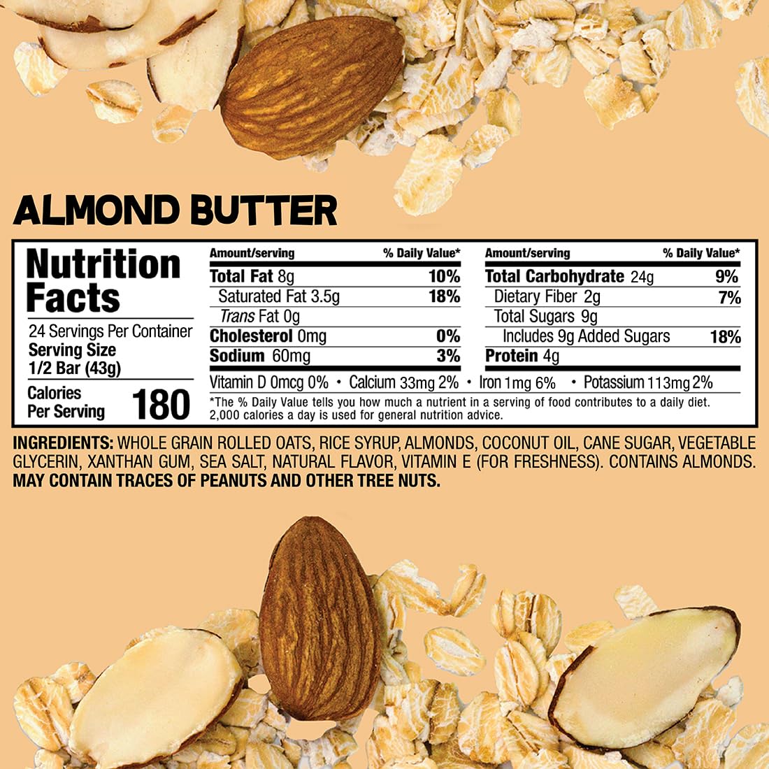 Bobo's Almond Butter Oat Bars, Simple Ingredients, Whole Grain Oats, Plant Based, Gluten Free Breakfast Bars, Non-GMO, Healthy Snacks for Adults